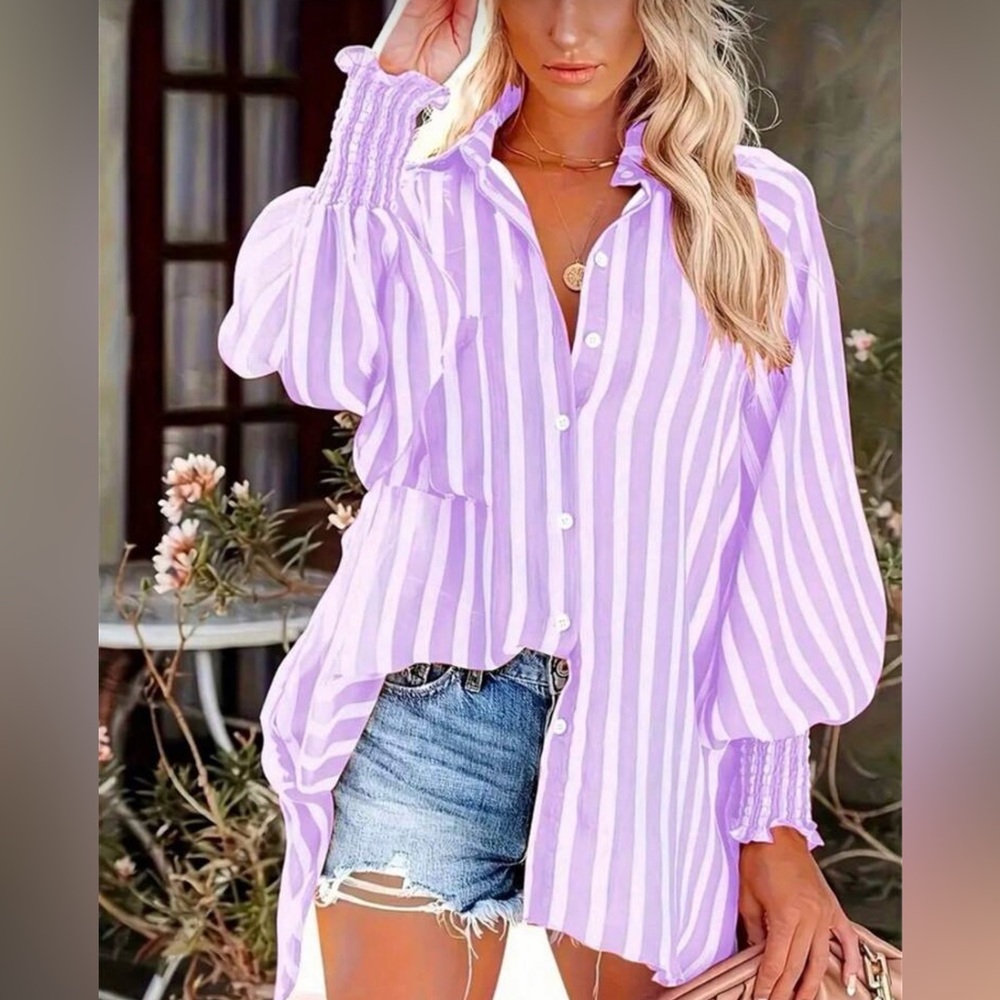 Purple and White Striped Button-Up Shirt